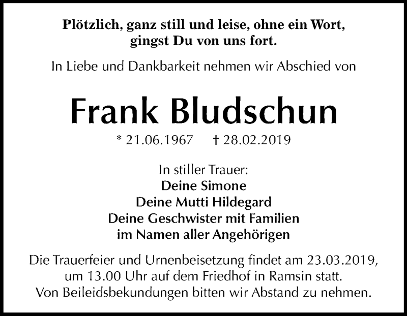  Traueranzeige für Frank Bludschun vom 14.03.2019 aus Mitteldeutsche Zeitung Bitterfeld