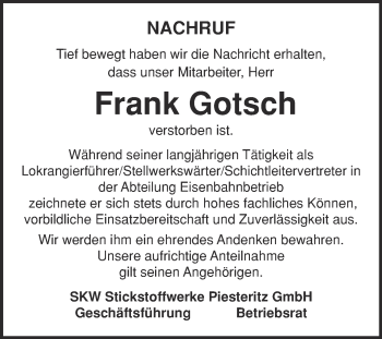 Traueranzeige von Frank Gotsch von Super Sonntag Wittenberg