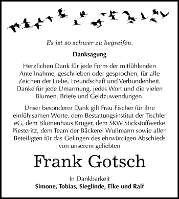 Traueranzeige von Frank Gotsch von Mitteldeutsche Zeitung