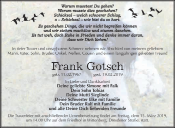 Traueranzeige von Frank Gotsch von WVG - Wochenspiegel Wittenberg