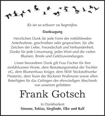 Traueranzeige von Frank Gotsch von Super Sonntag Wittenberg