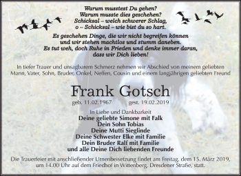 Traueranzeige von Frank Gotsch von Mitteldeutsche Zeitung