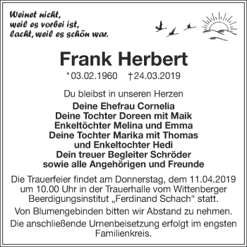 Traueranzeige von Frank Herbert von WVG - Wochenspiegel Wittenberg
