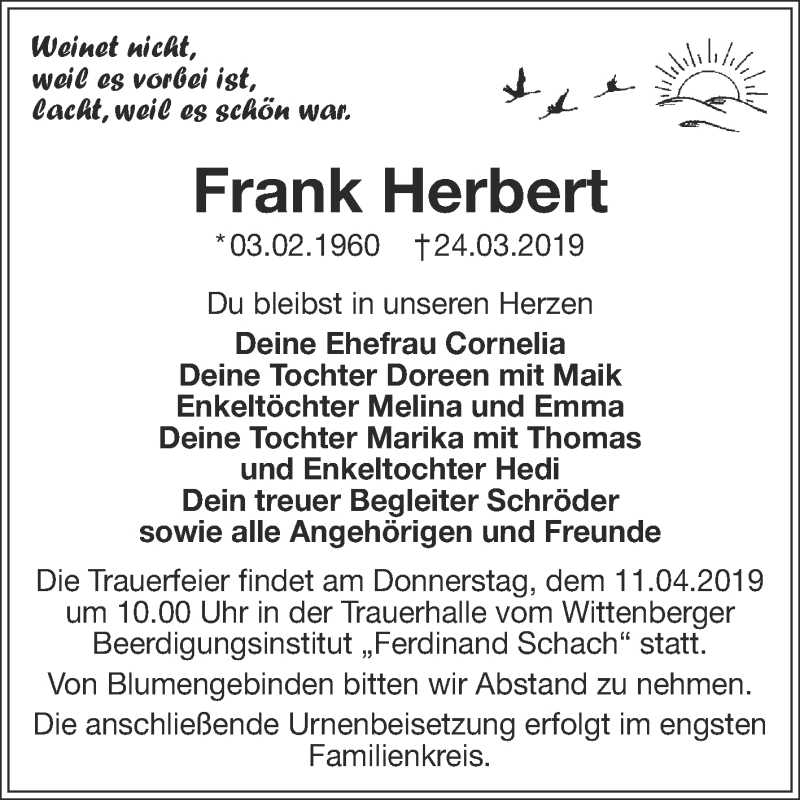  Traueranzeige für Frank Herbert vom 30.03.2019 aus WVG - Wochenspiegel Wittenberg