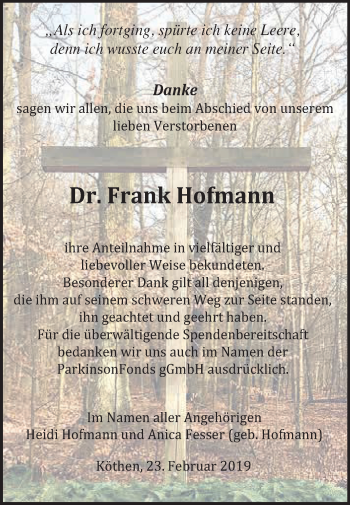 Traueranzeige von Frank Hofmann von WVG - Wochenspiegel Dessau / Köthen