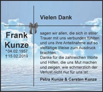 Traueranzeige von Frank Kunzeq von WVG - Wochenspiegel Dessau / Köthen