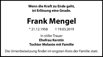 Traueranzeige von Frank Mengel von WVG - Wochenspiegel Dessau / Köthen