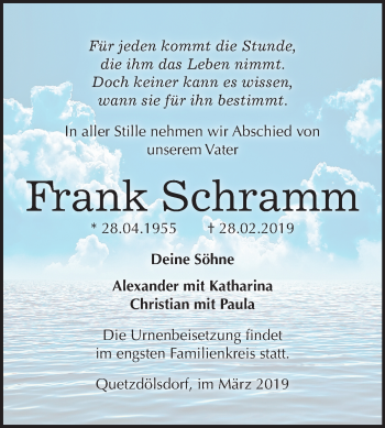 Traueranzeige von Frank Schramm von Mitteldeutsche Zeitung Bitterfeld