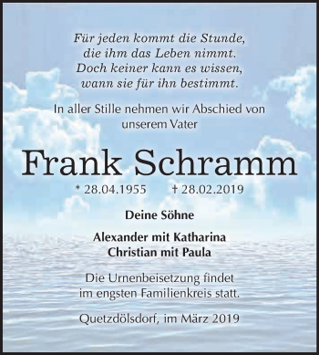 Traueranzeige von Frank Schramm von WVG - Wochenspiegel Bitterfeld