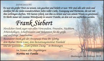 Traueranzeige von Frank Siebert von Super Sonntag SGH Mansf. Land