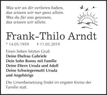 Traueranzeige von Frank-Thilo Arndt von WVG - Wochenspiegel Wittenberg