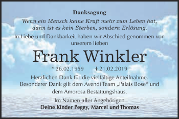 Traueranzeige von Frank Winkler von WVG - Wochenspiegel Dessau / Köthen