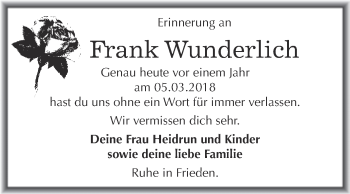 Traueranzeige von Frank Wunderlich von Super Sonntag Aschersleben