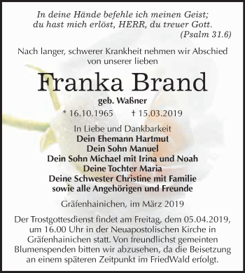 Traueranzeige von Franka Brand von WVG - Wochenspiegel Wittenberg