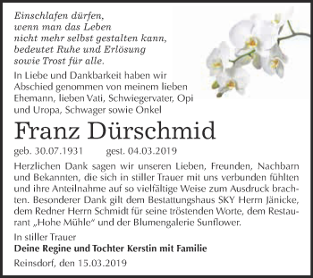 Traueranzeige von Franz Dürschmid von Super Sonntag Wittenberg