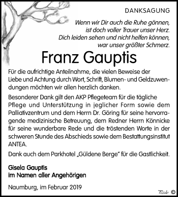 Traueranzeige von Franz Gauptis von WVG - Wochenspiegel NMB / WSF / ZTZ