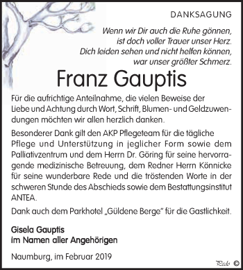 Traueranzeige von Franz Gauptis von WVG - Wochenspiegel NMB / WSF / ZTZ
