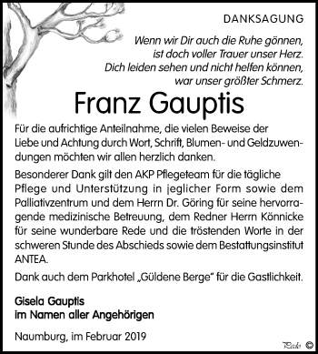 Traueranzeige von Franz Gauptis von Mitteldeutsche Zeitung Weißenfels