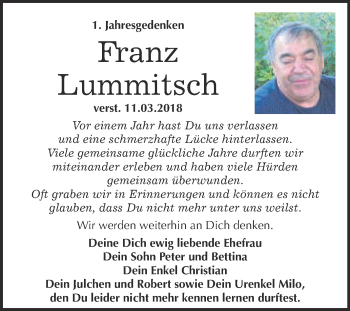 Traueranzeige von Franz Lummitsch von WVG - Wochenspiegel Dessau / Köthen