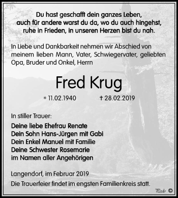 Traueranzeige von Fred Krug von Mitteldeutsche Zeitung Weißenfels
