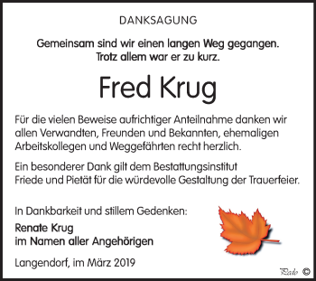 Traueranzeige von Fred Krug von Mitteldeutsche Zeitung Weißenfels
