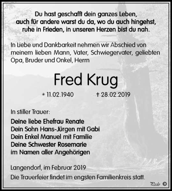 Traueranzeige von Fred Krug von WVG - Wochenspiegel NMB / WSF / ZTZ