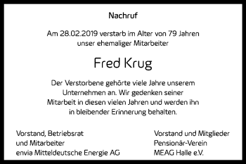 Traueranzeige von Fred Krug von Mitteldeutsche Zeitung Weißenfels