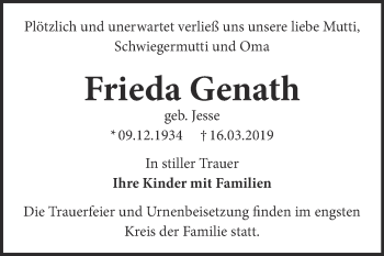 Traueranzeige von Frieda Genath von WVG - Wochenspiegel Dessau / Köthen