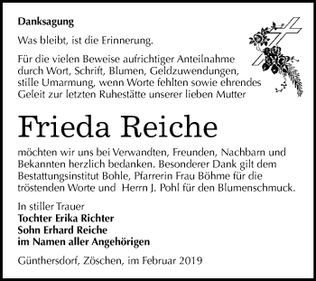 Traueranzeige von Frieda Reiche von WVG - Wochenspiegel Merseburg