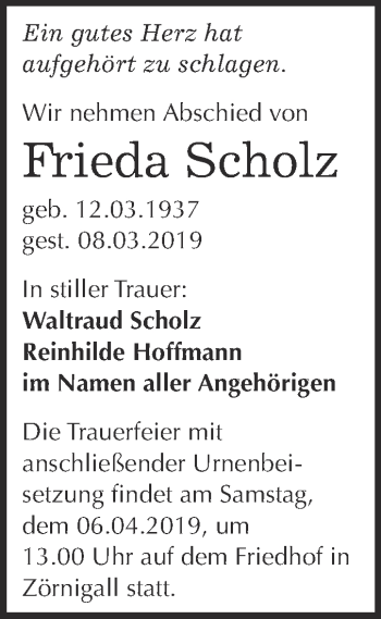 Traueranzeige von Frieda Scholz von WVG - Wochenspiegel Wittenberg