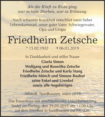 Traueranzeige von Friedheim Zetsche von Super Sonntag SGH Mansf. Land