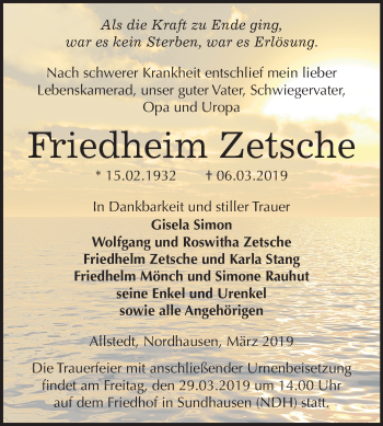 Traueranzeige von Friedheim Zetsche von Mitteldeutsche Zeitung Sangerhausen