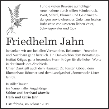 Traueranzeige von Friedhelm Jahn von WVG - Wochenspiegel Wittenberg