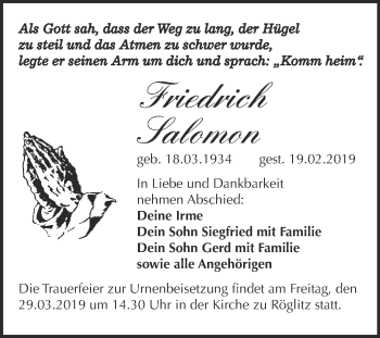 Traueranzeige von Friedrich Salomon von WVG - Wochenspiegel Merseburg