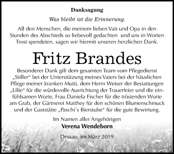 Traueranzeige von Fritz Brandes von Mitteldeutsche Zeitung Dessau-Roßlau