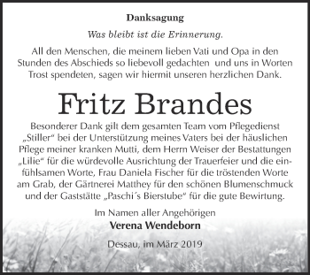 Traueranzeige von Fritz Brandes von WVG - Wochenspiegel Dessau / Köthen