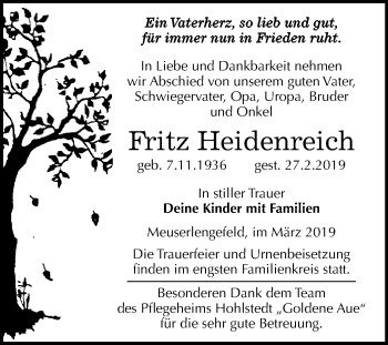 Traueranzeige von Fritz Heidenreich von Super Sonntag SGH Mansf. Land