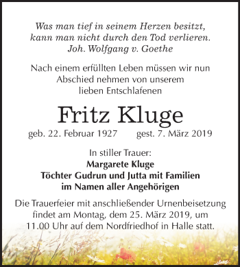 Traueranzeige von Fritz Kluge von Mitteldeutsche Zeitung Halle/Saalkreis
