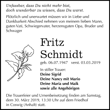 Traueranzeige von Fritz Schmidt von Mitteldeutsche Zeitung