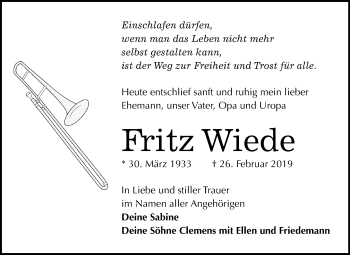 Traueranzeige von Fritz Wiede von Mitteldeutsche Zeitung