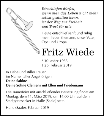 Traueranzeige von Fritz Wiede von Mitteldeutsche Zeitung Halle/Saalkreis