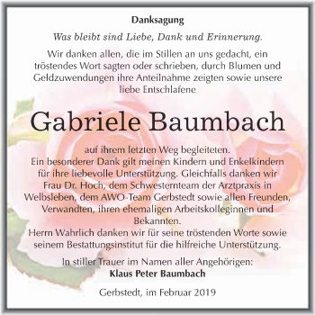 Traueranzeige von Gabriele Baumbach von Wochenspiegel Mansfelder Land