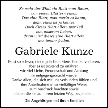 Traueranzeige von Gabriele Kunze von Mitteldeutsche Zeitung Bitterfeld