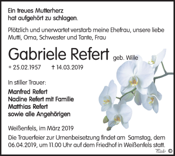 Traueranzeige von Gabriele Refert von Mitteldeutsche Zeitung Weißenfels