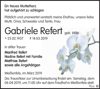 Traueranzeige von Gabriele Refert von WVG - Wochenspiegel NMB / WSF / ZTZ