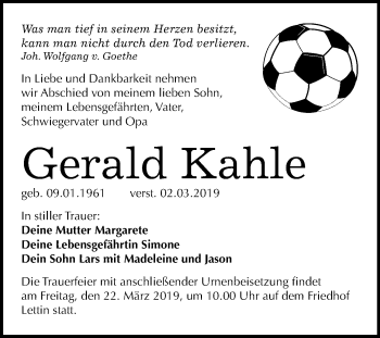 Traueranzeige von Gerald Kahle von Mitteldeutsche Zeitung Halle/Saalkreis