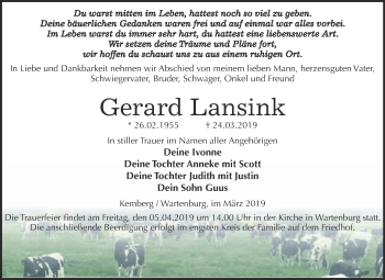 Traueranzeige von Gerard Lansink von WVG - Wochenspiegel Wittenberg