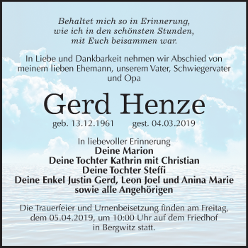 Traueranzeige von Gerd Henze von Mitteldeutsche Zeitung