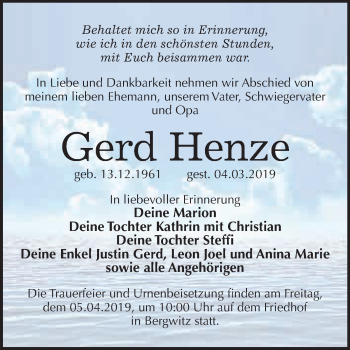 Traueranzeige von Gerd Henze von WVG - Wochenspiegel Wittenberg