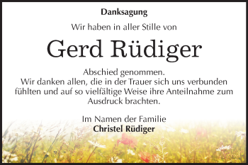 Traueranzeige von Gerd Rüdiger von Mitteldeutsche Zeitung Mansfelder Land